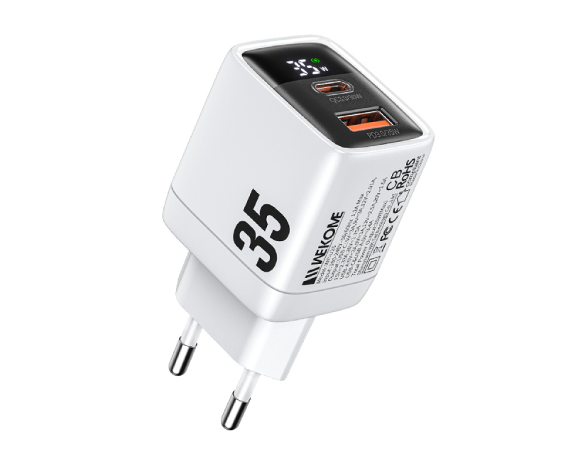 WEKOME WP-U25 Super brzi Strujni GaN Punjač, 2-porta USB (3.0 i 3.1 Tip-C) 35W, sa displejom, beli