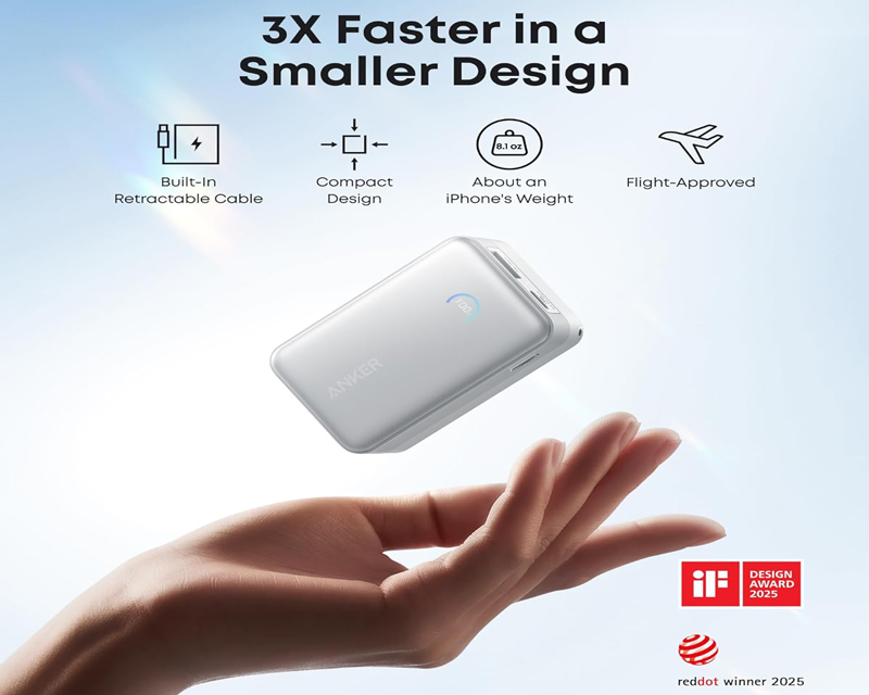 ANKER Nano 10000mAh, 45W, sa ugrađenim USB-C kablom na izvlačenje, Power Bank beli - Slika 2