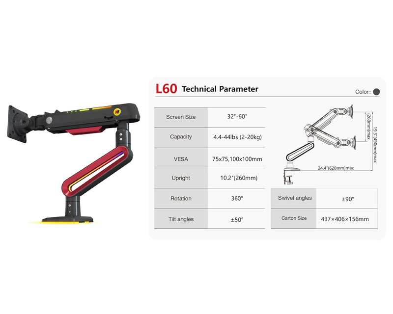 NORTH BAYOU L60 Gaming stoni nosač za monitor mat crni - Slika 2