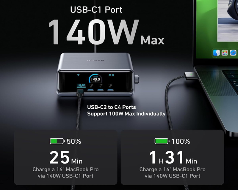 ANKER Prime 250W GaN stoni brzi punjač, 6-portova (4x USB-C, 2x USB-A) srebrni - Slika 2