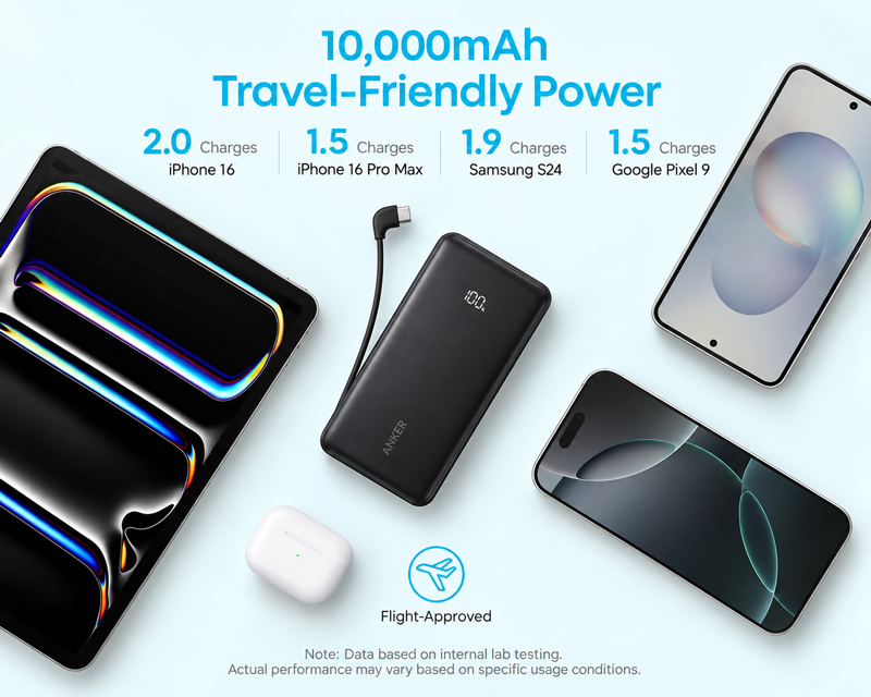 ANKER Zolo 10000mAh, 22.5W, sa ugrađenim USB-C kablom, Power Bank crni