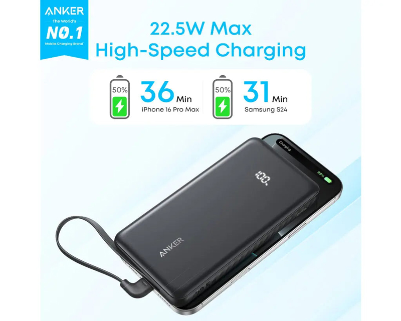 ANKER Zolo 10000mAh, 22.5W, sa ugrađenim USB-C kablom, Power Bank crni - Slika 2